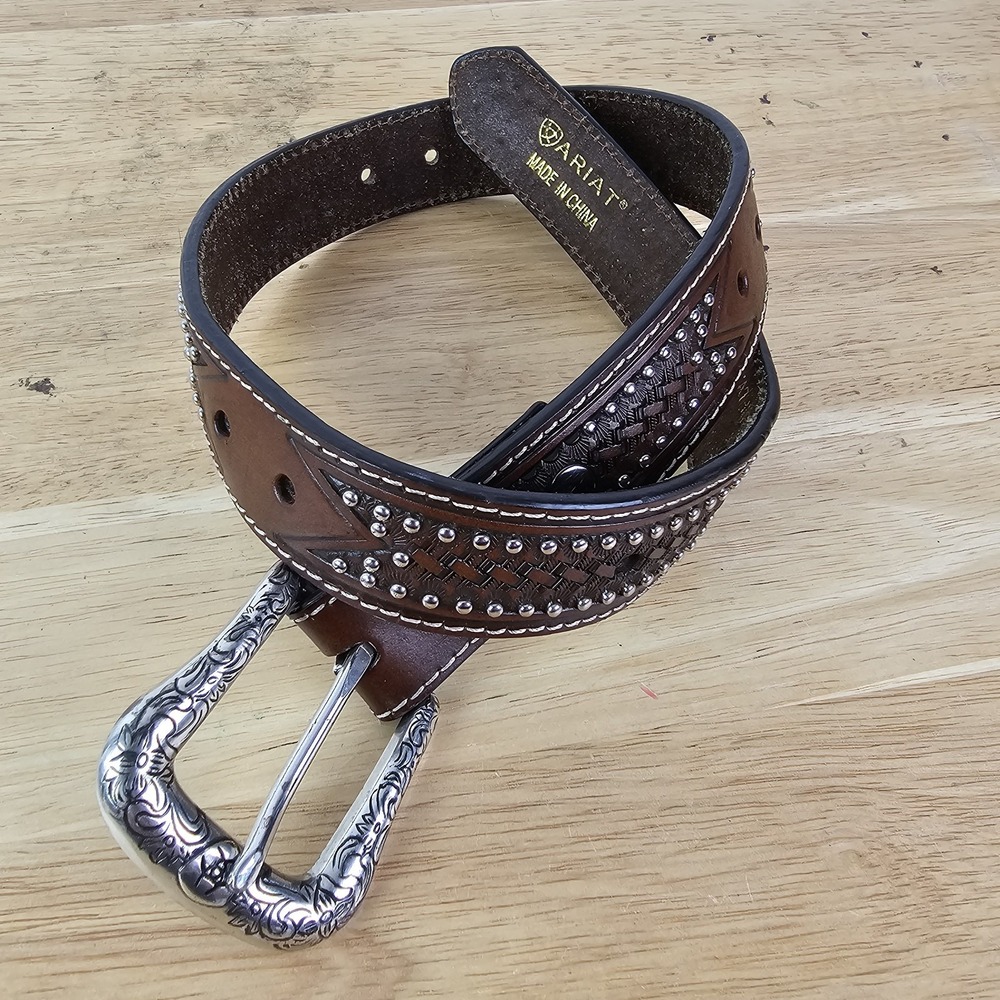 Ariat Kids 22 Belt Brown Leather Studded Silver‎ Buckle Western Cowboy Accessory